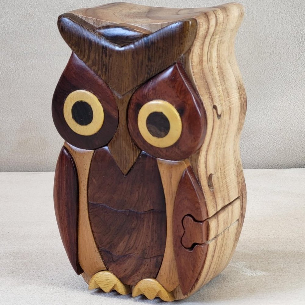 Hand Crafted Mixed Hardwoods Owl Puzzle Box